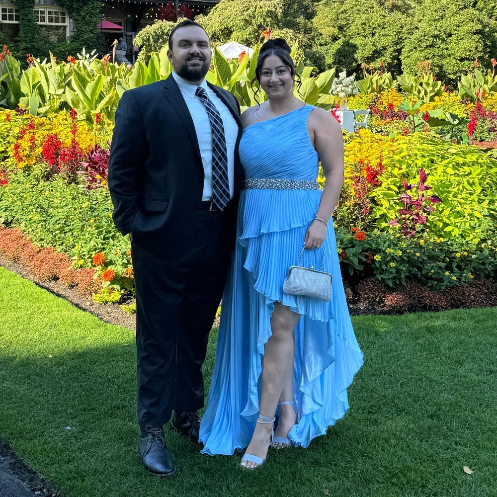 Mac Duggal Light Blue Asymmetrical Dress with Silver Belt